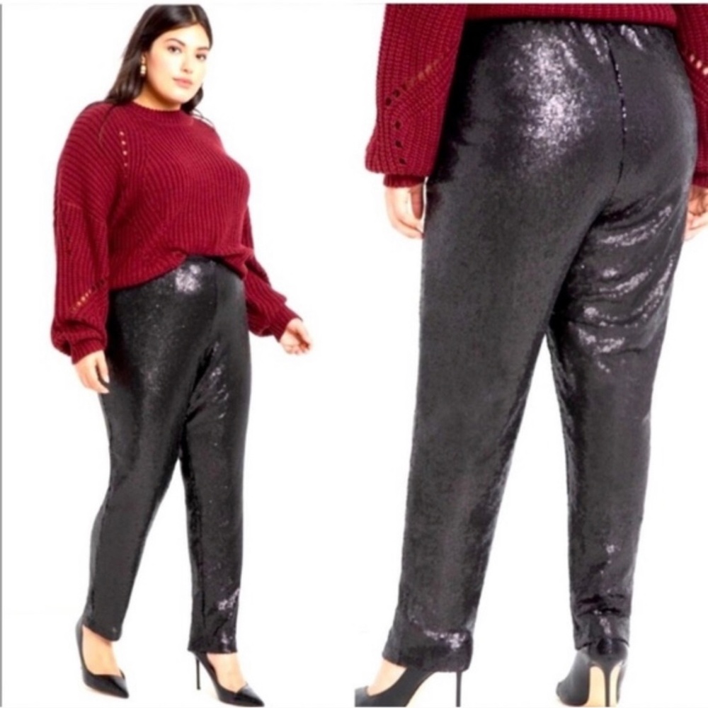 Eloquii black pants sz 20 allover sequins elastic waist trousers straight leg